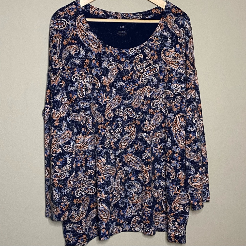 J.Jill Polka Dot Paisley Tunic Women XL Navy Blue 100% Supima Cotton Scoop Neck